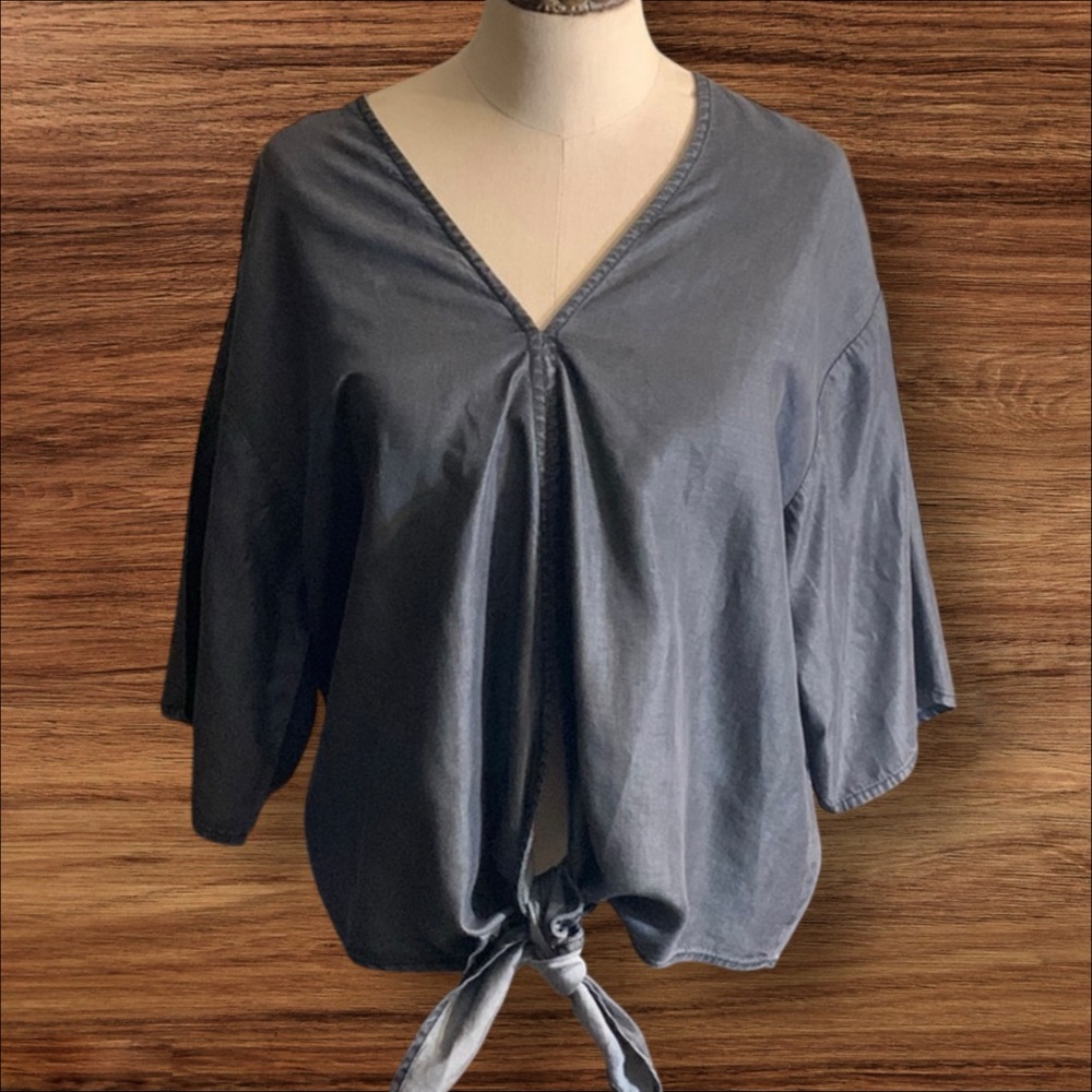 Elan 100% Lyocell Gray Slouchy Boho Tie-Front Top Size Small